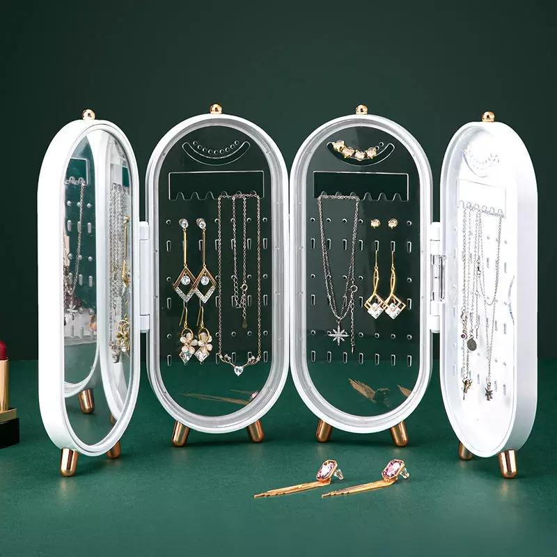 Foldable Jewellery Organizer with Mirror Ear Rings & Necklace_Hanging Holder Jewelry Box Vanity Hanger Stand