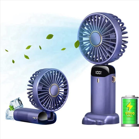 Portable Handheld Fan – 5000mAh Rechargeable | 5 Speeds, LED Display & 90° Adjustable